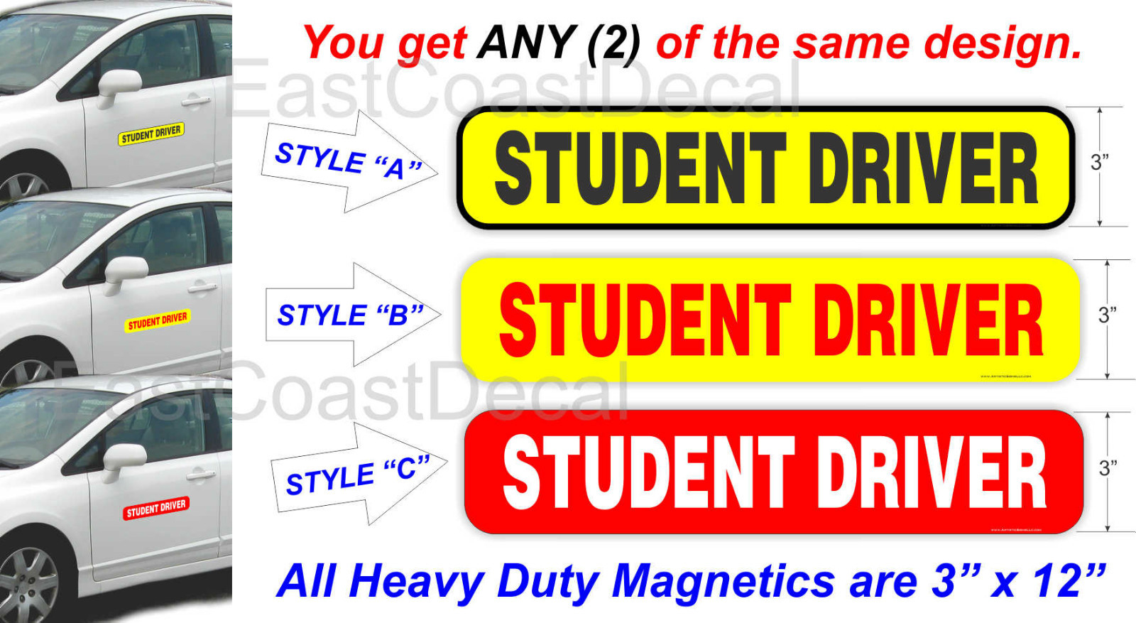 STUDENT DRIVER SAFETY Magnetic Signs 2 NEW Heavy Duty Magnetic Any Color choice