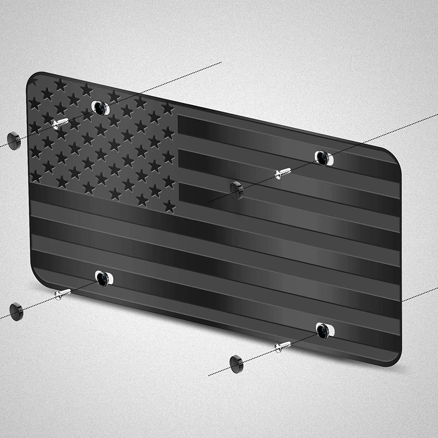 Tactical American Flag License Plate Matte Black USA Aluminum With Screws & Caps