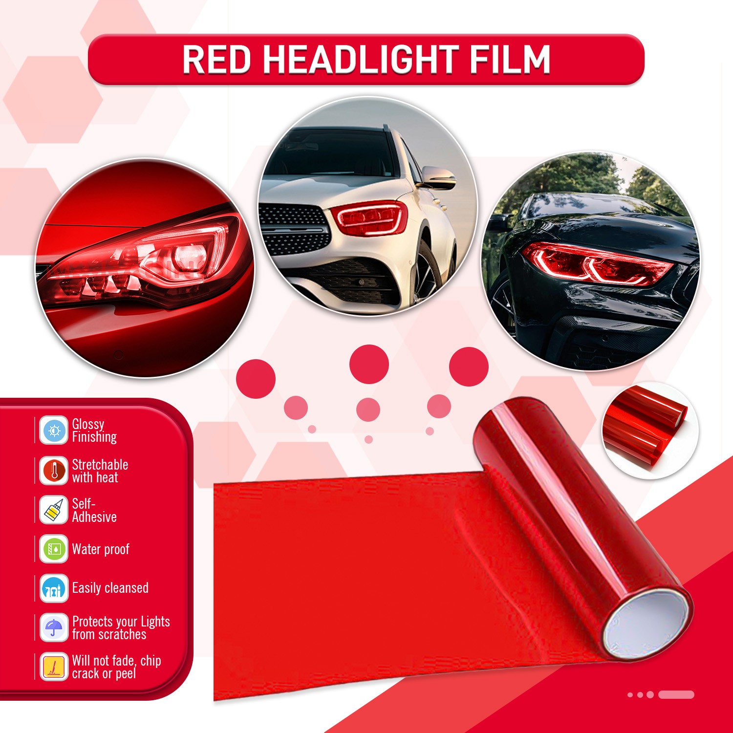 Car Light Tint Film, Red Self Adhesive Headlight Taillight Tint Wrap Film Roll