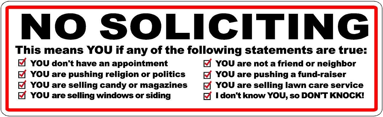 No Soliciting Vinyl Decal Sticker Window Label Solicitors Sign Trespassing