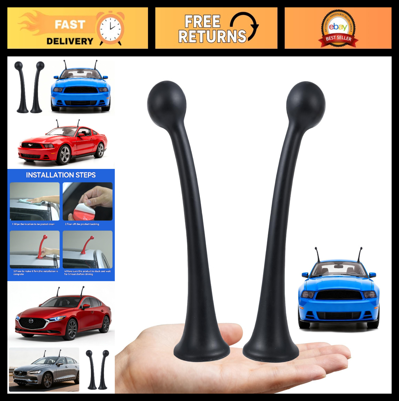 3D Car Roof Decoration Stickers – Funny Snail Tentacle Antenna Toppers, Black