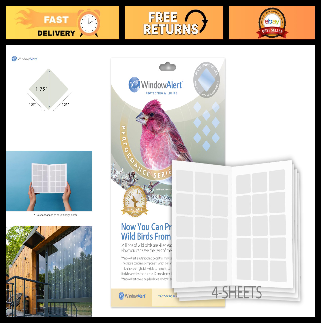 Diamond Anti-Collision Window Decals – UV-Reflective Bird Protection 4 Sheets