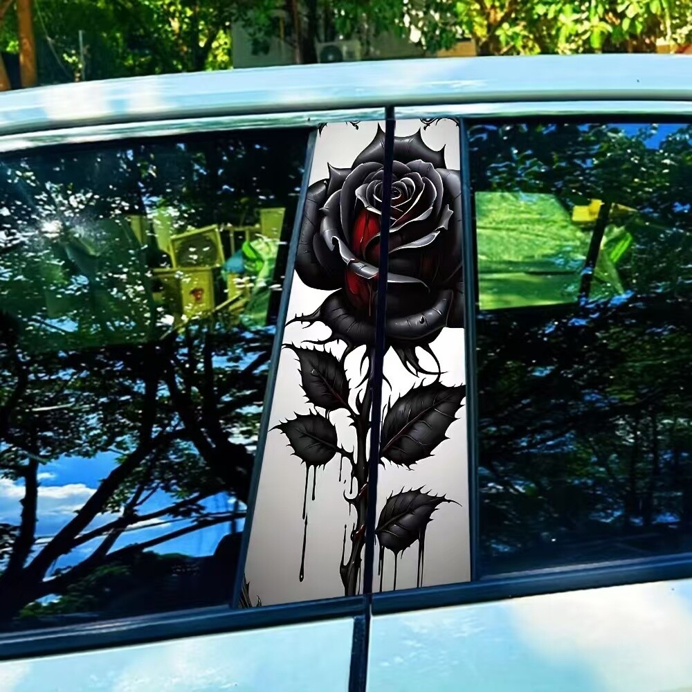 2pcs Mirror Black Rose Car Center Pillar Sticker B-pillar Protective Film Decor