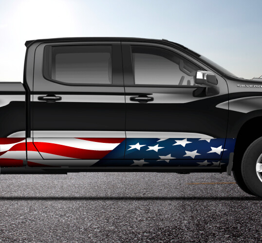 American Flag Waving USA Rocker Panel Truck SUV Graphic Decal Wrap Kit -4 Sizes