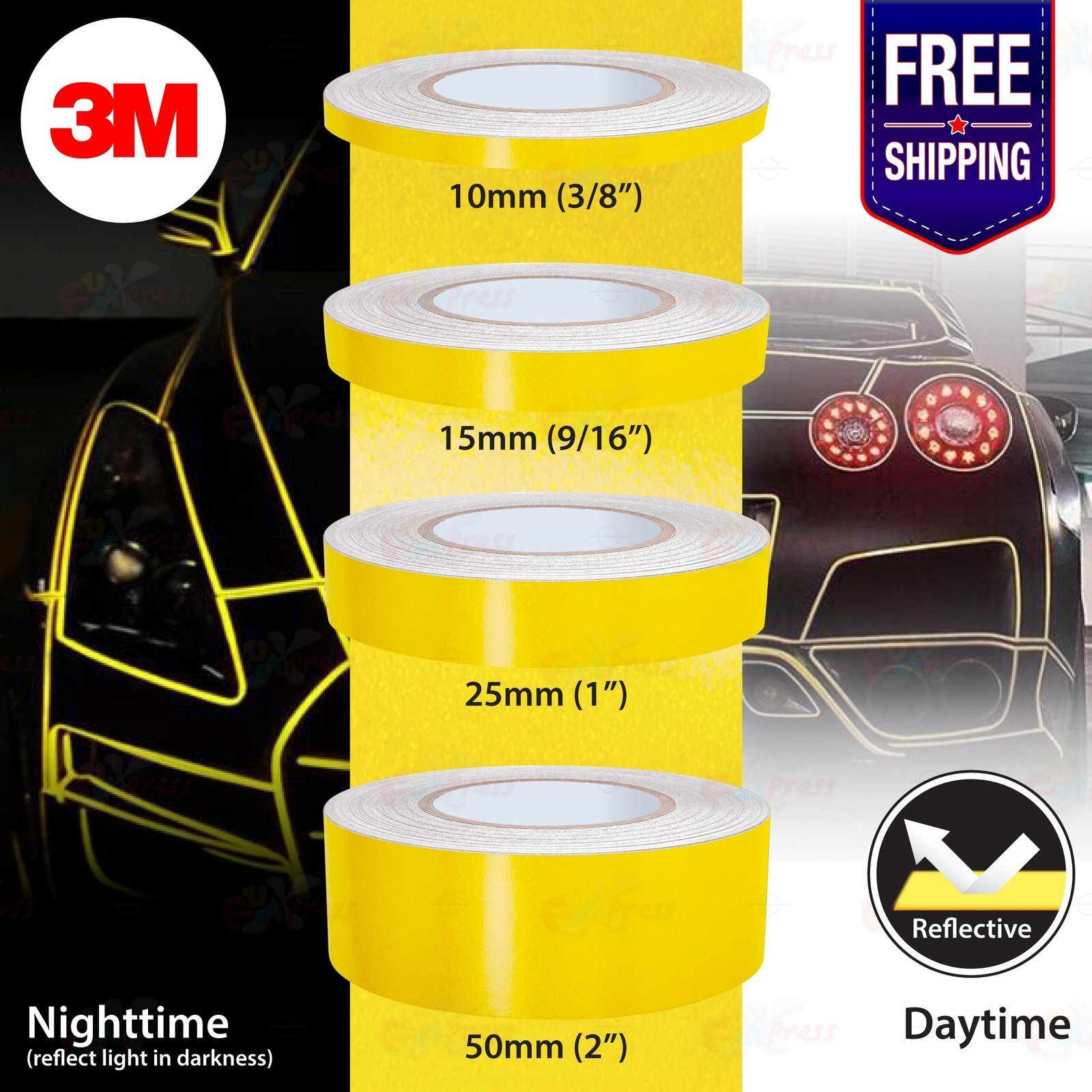 YELLOW Weatherproof REFLECTIVE Adhesive Roll 3M Vinyl Tape Stickers Various size