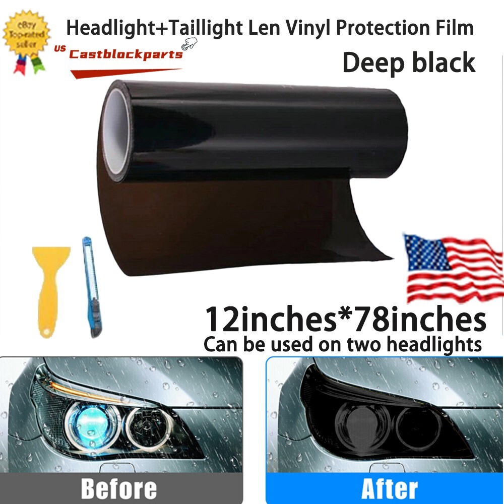 Gloss Dark Black Film Smoke Tint Lens Vinyl Wrap For Headlight taillight 12″x78″