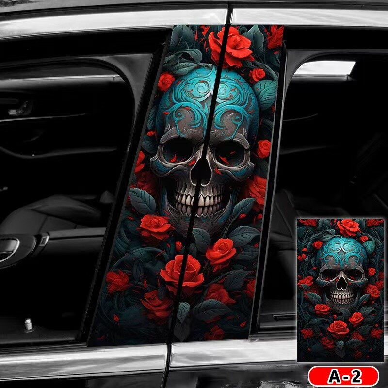 2pcs Red Rose and Skull Car Center Pillar Sticker B-pillar Protective Film