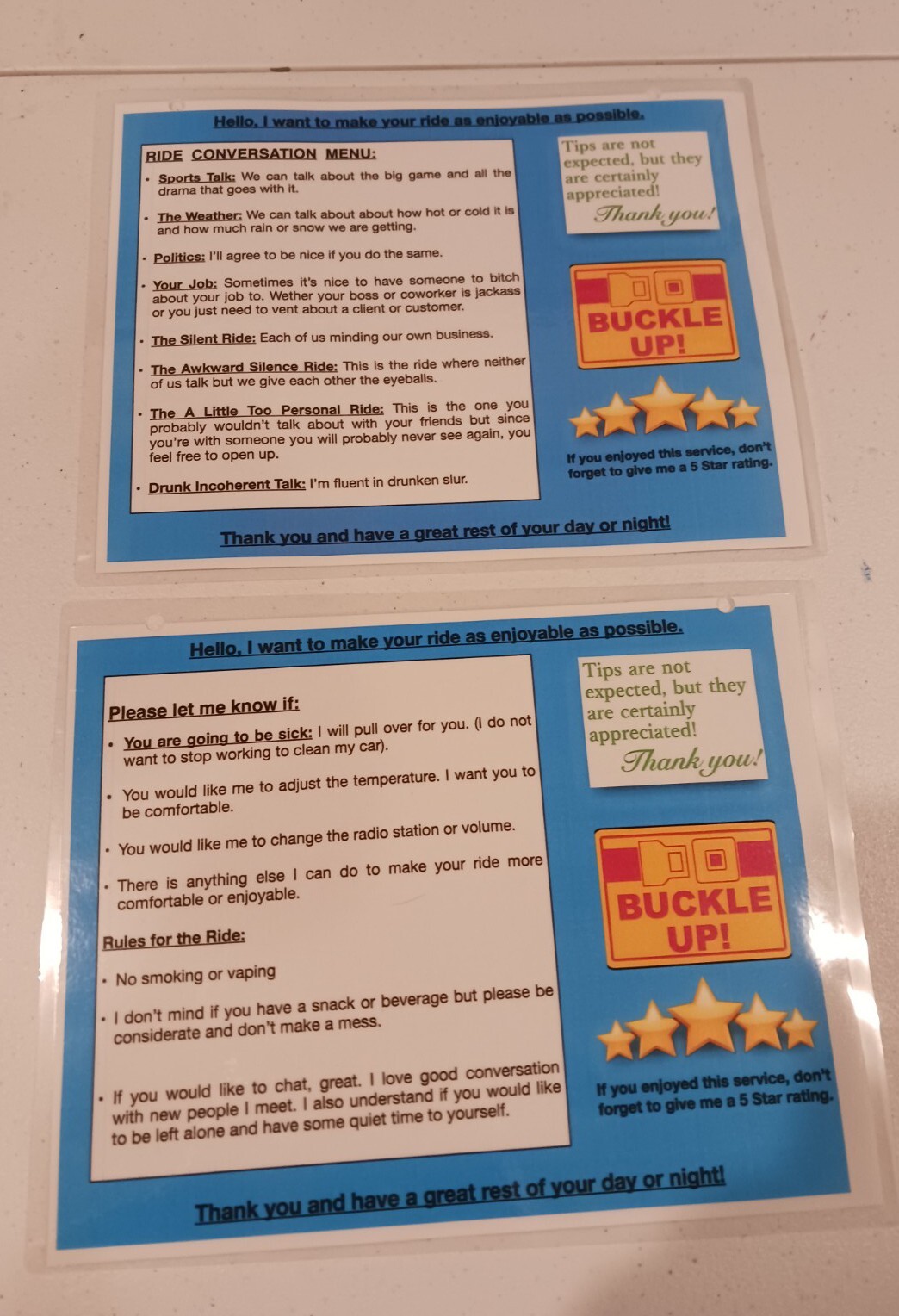 11.5″×9″ (2 Signs)  Headrest Rating Signs 1 Ride Menu & 1 Ride Info MORE TIPS.