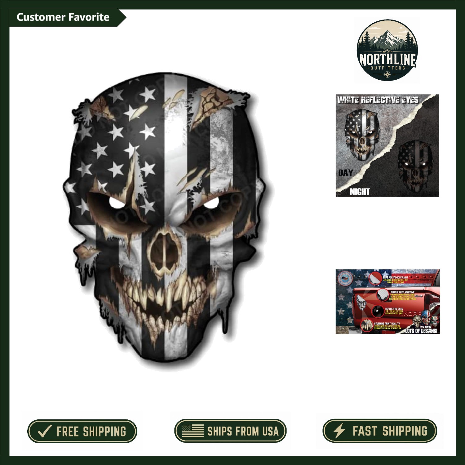 Hand-Drawn American Flag Skull Vinyl Sticker – Reflective Eyes & Durable Design