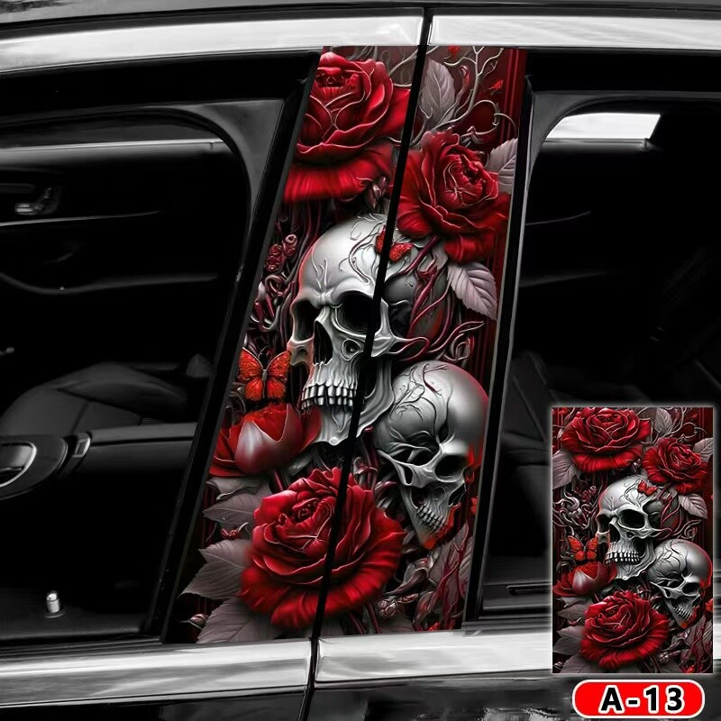 2pcs Red Rose and Skull Car Center Pillar Sticker B-pillar Protective Film