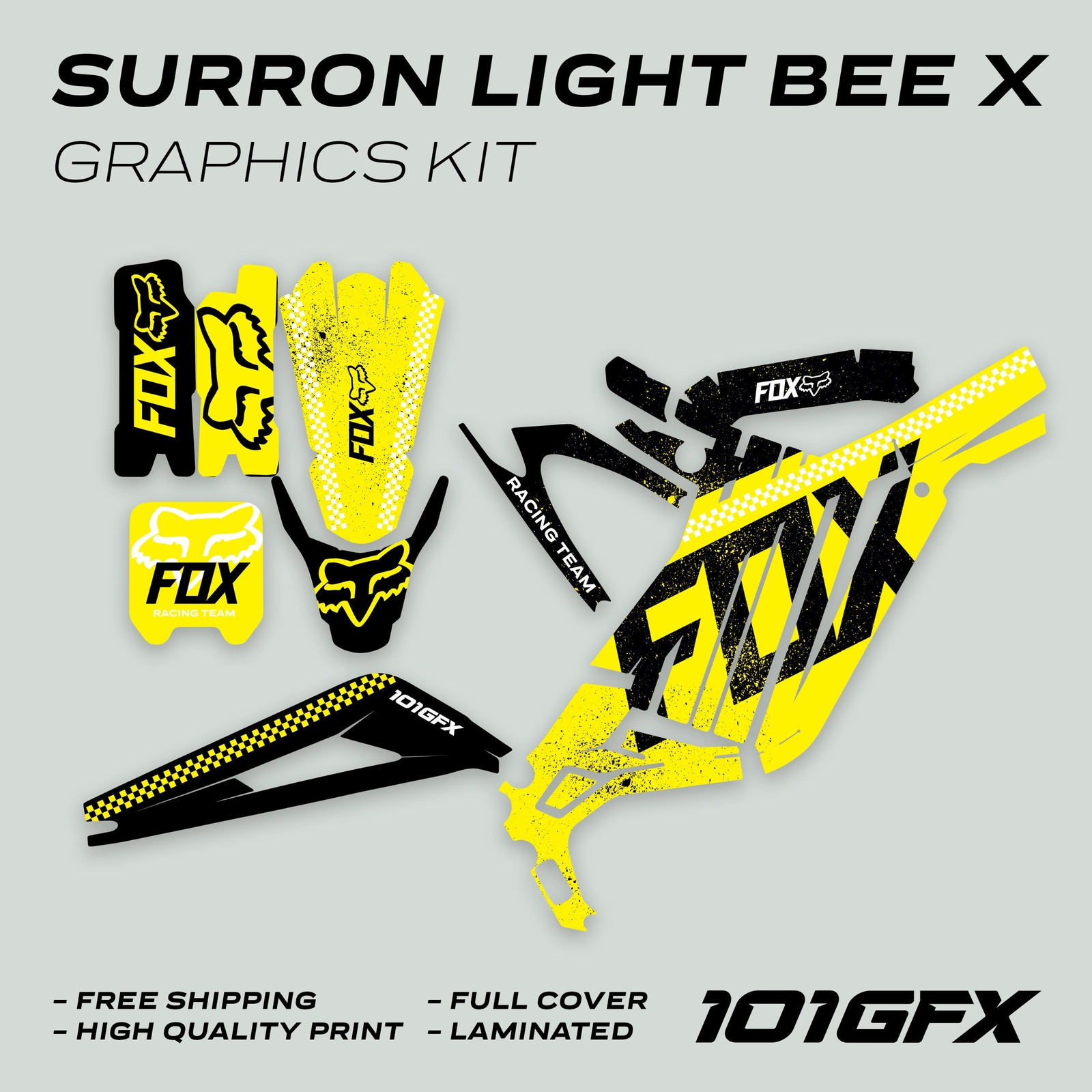 Surron Light Bee X Graphics Kit FOX DUST YELLOW Black Decals Stickers Laminated