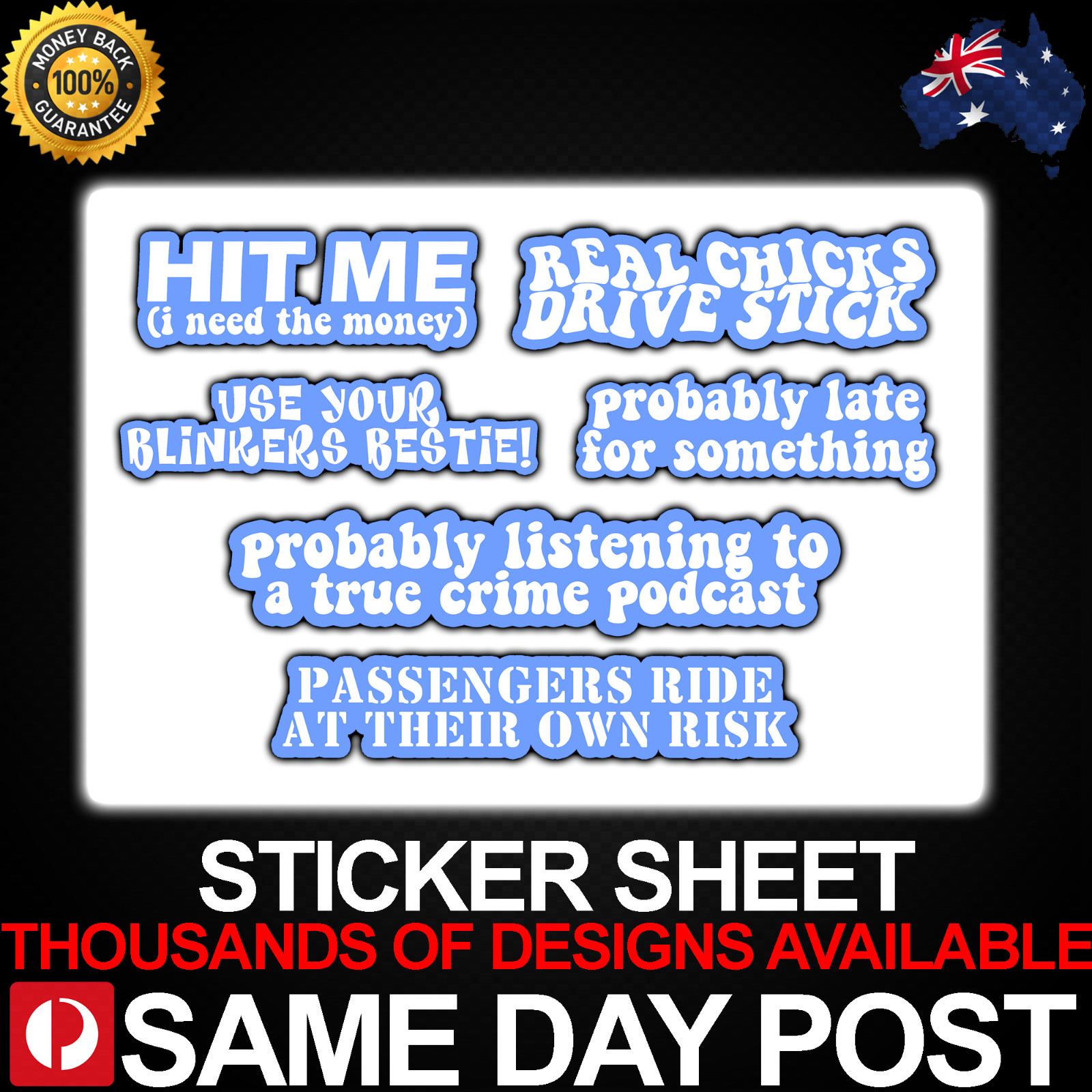 FUNNY CAR BLUE Vinyl Sticker Sheet Car Decal Cheap Cute Cool Bad Driving Quotes