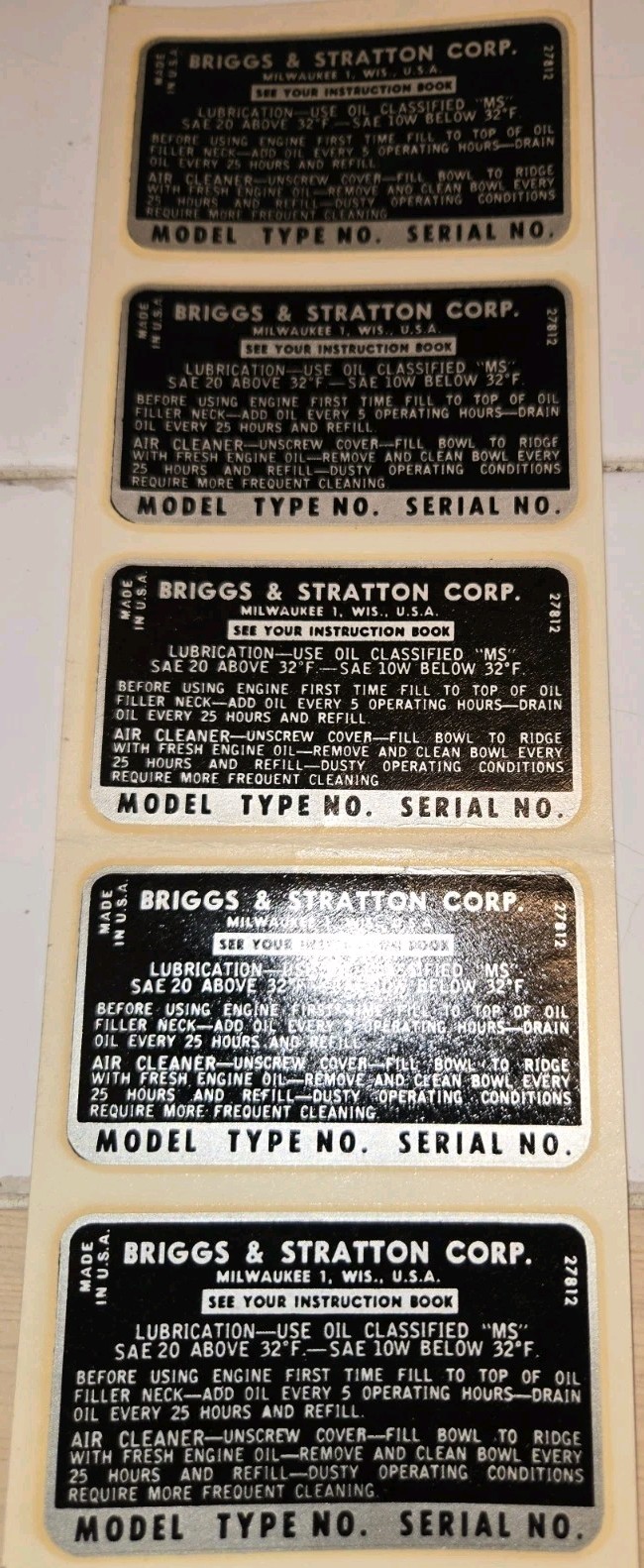 NOS Briggs & Stratton Engine DECALS NOT REPRODUCTION Set Of  5