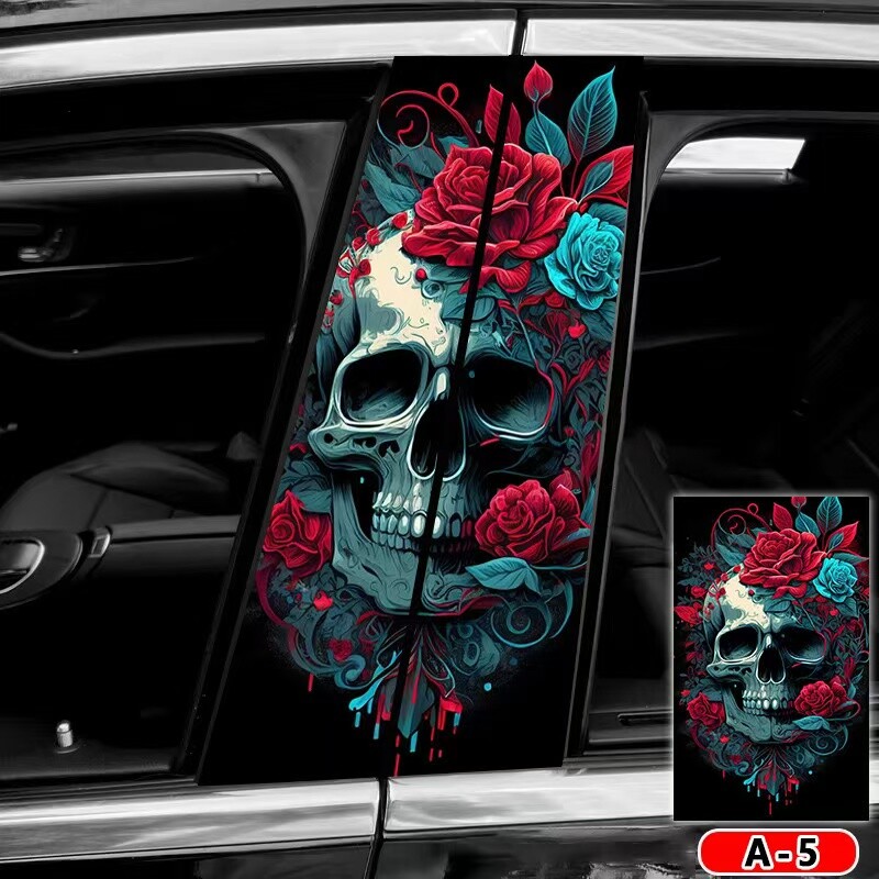 2pcs Red Rose and Skull Car Center Pillar Sticker B-pillar Protective Film