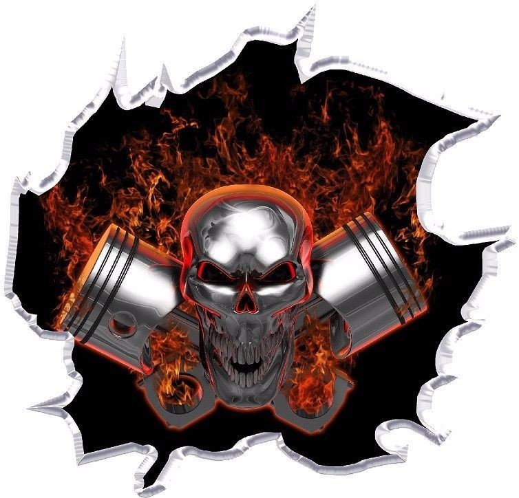 Machine head pistons skull vinyl graphic decal motorcycle go kart race car hood