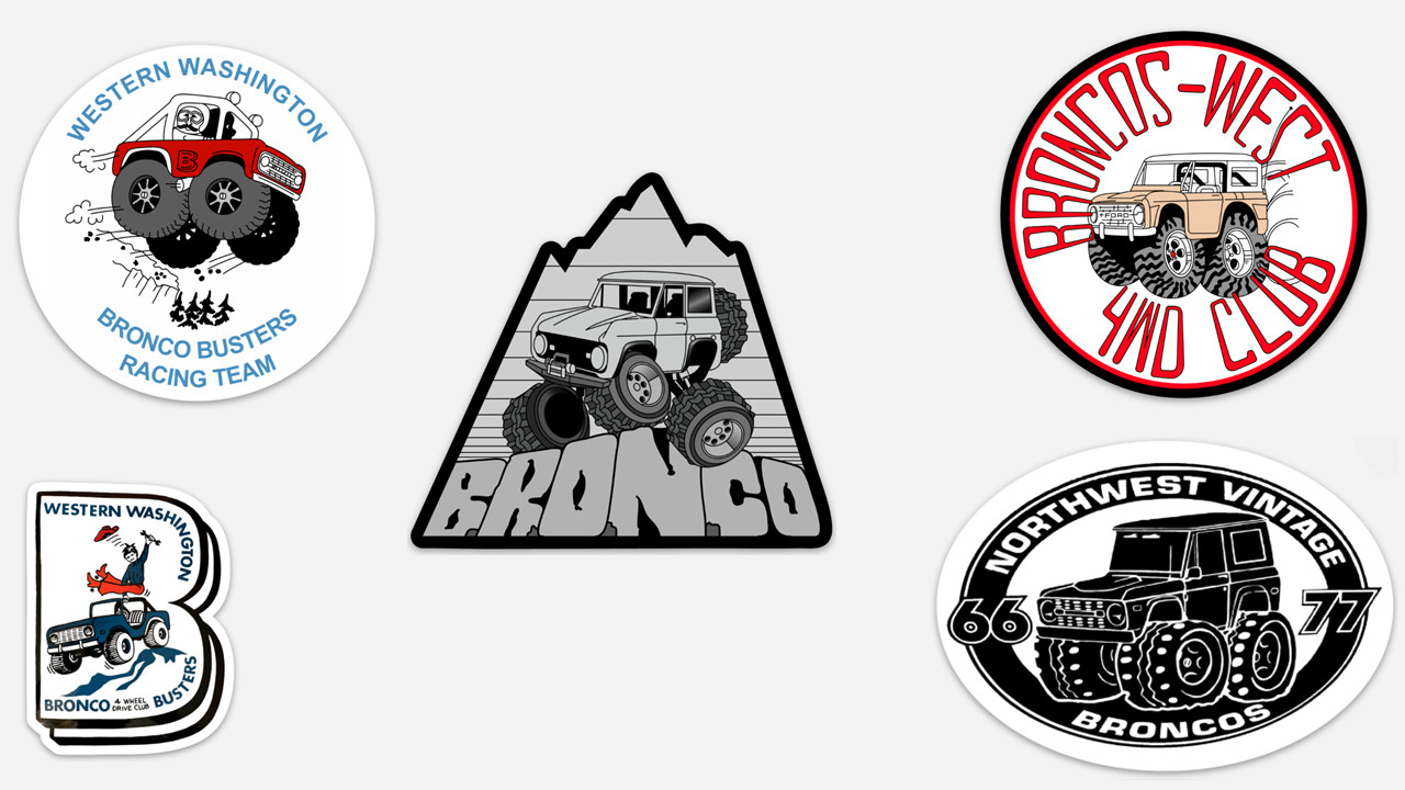 Classic vintage Bronco Club stickers, offroad four wheeling 4×4 heep scout ford