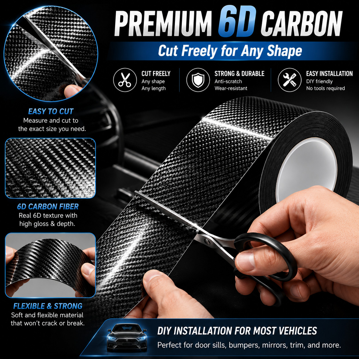 6D Black Carbon Fiber Wrap Door Sill Anti-Scratch Protector Strip for Most Cars