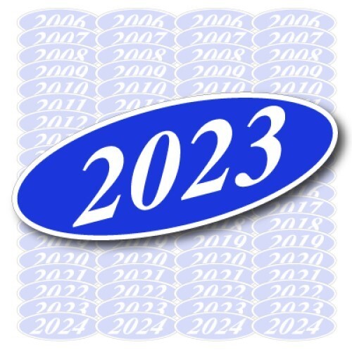 Oval Year Model Vinyl Car Window Stickers (White/Blue) (12 of 1 Year Per Pack)