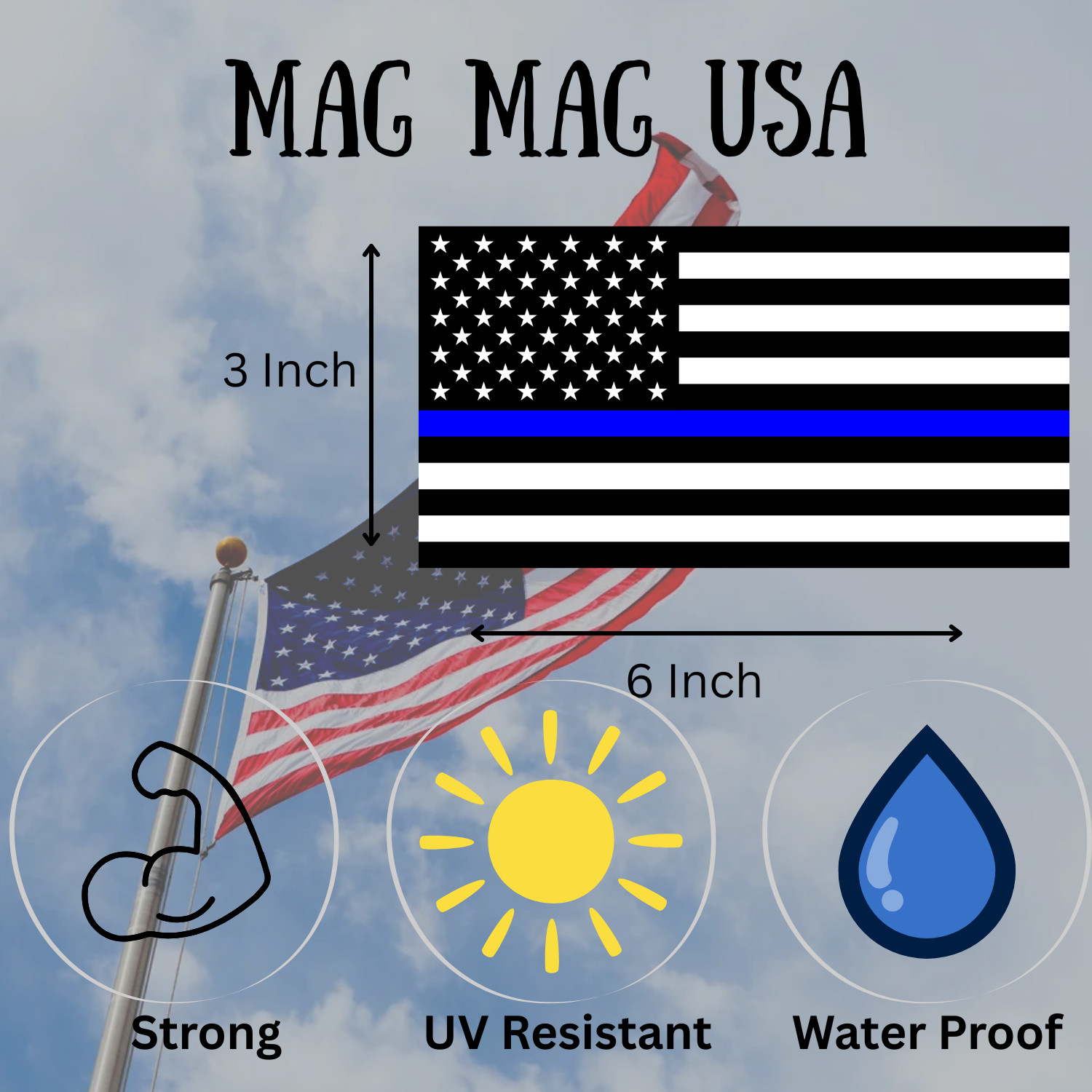 Thin Blue Line American Flag Heavy Duty Magnet Black and Blue 3″x6″ Cars Trucks