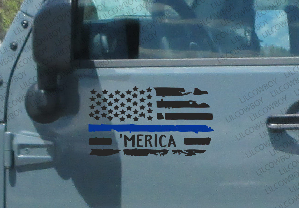 2 PackL/R Blue Line ‘MERICA USA Flags Vinyl Decals Law Enforcement Police BG14
