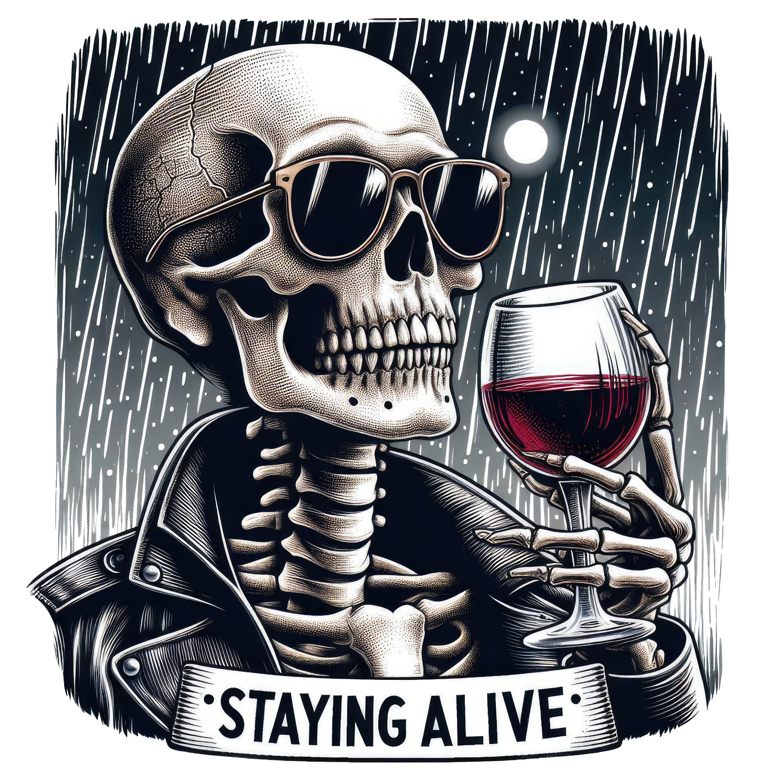 Skeleton Goth Sticker 4″ Sarcastic Quote Staying Alive Red Wine Skull