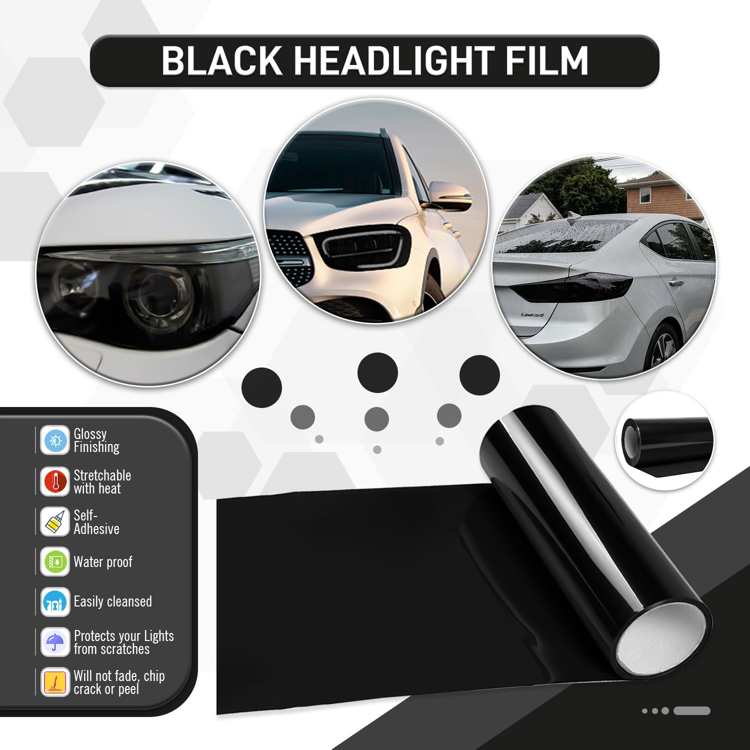 Glossy Black Headlight Taillight Fog Light Side Marker Vinyl Tint Film Kit