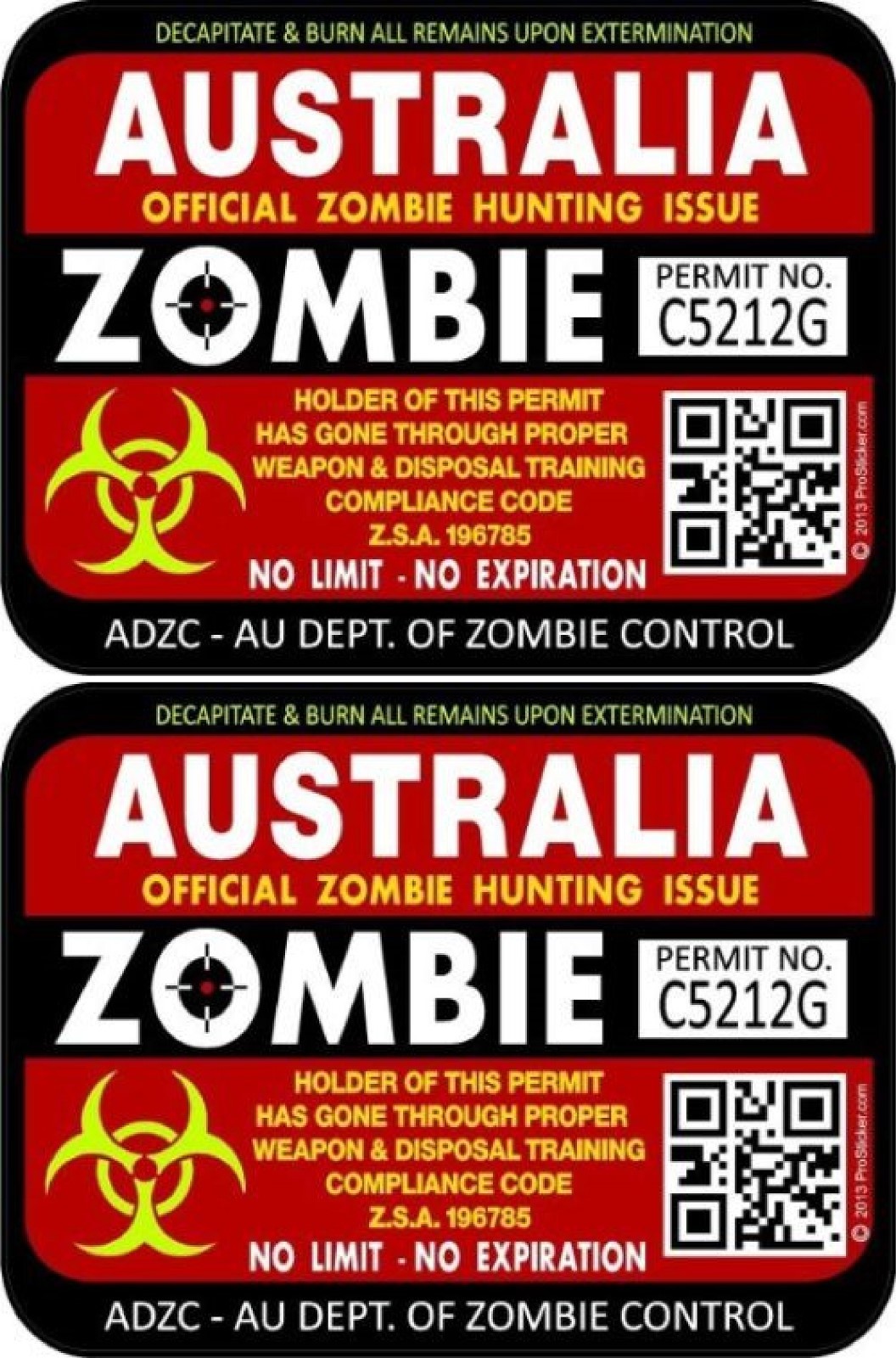 Two Australia Zombie Hunting License Permit 3″x4″ Decals Stickers 1205 Red