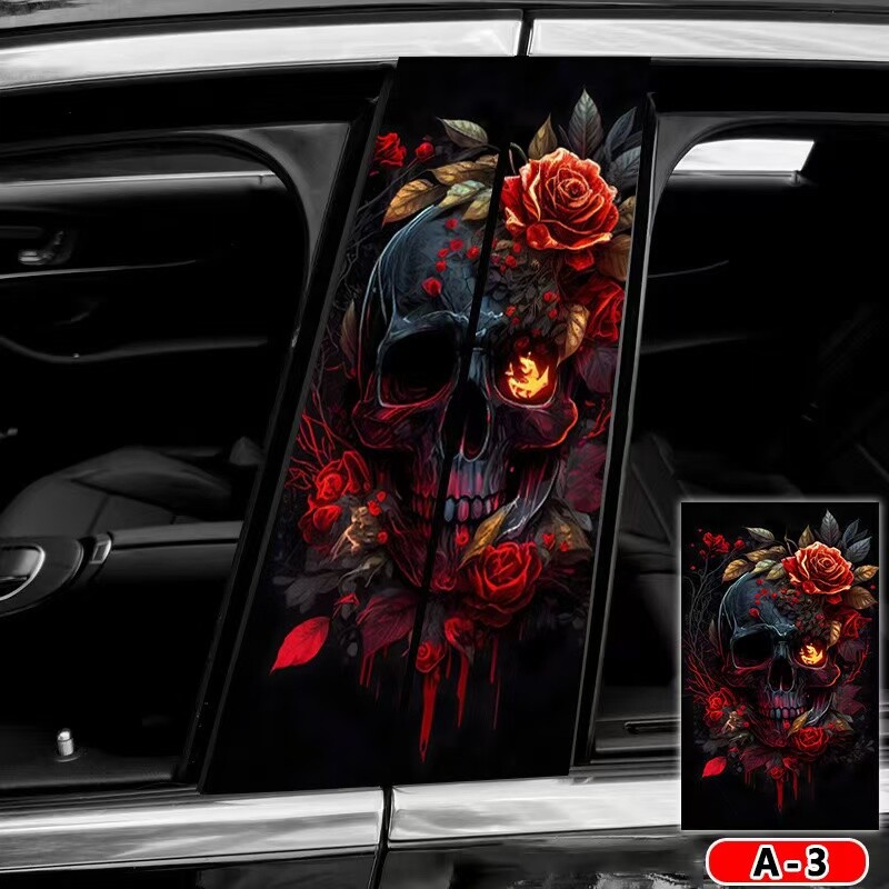 2pcs Red Rose and Skull Car Center Pillar Sticker B-pillar Protective Film