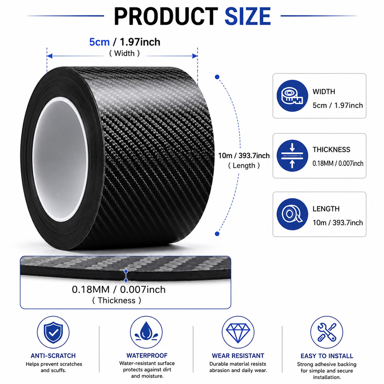 6D Black Carbon Fiber Wrap Door Sill Anti-Scratch Protector Strip for Most Cars
