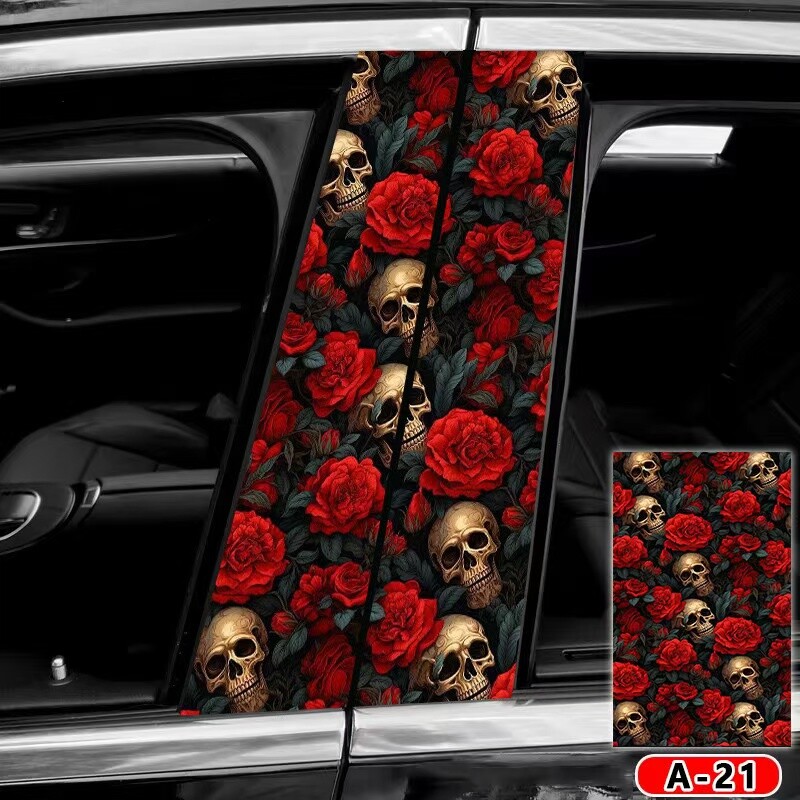 2pcs Halloween Flower Skull Car Center Pillar Sticker B-pillar Protective Film