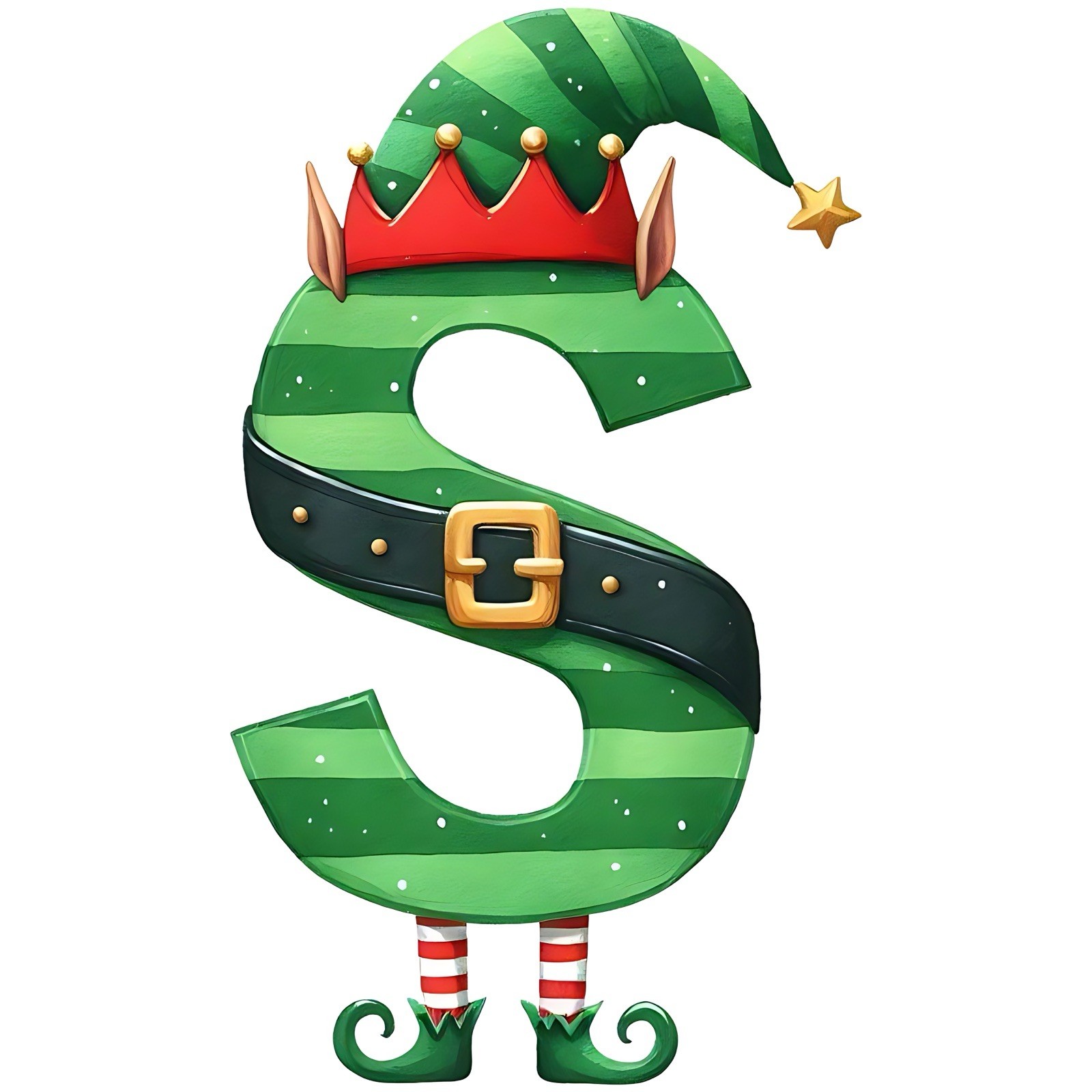 Initial Sticker (3 Inch) Letter S Christmas Holiday Elf Hat Belt Snow Flake !