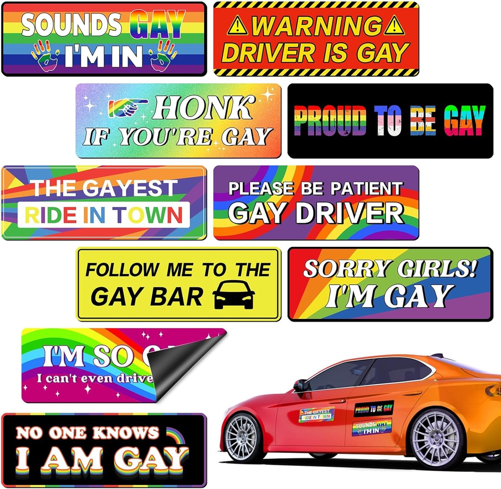 Funny Car Magnets 10 Pack Gay Bumper Magnetic Stickers Waterproof Reusable