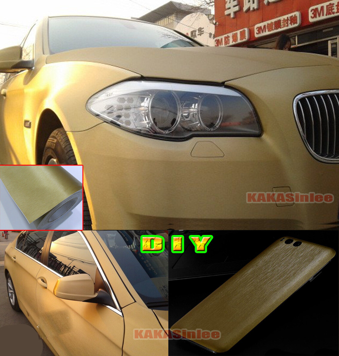 50FT Gold Stretchable Whole Car Wrap Metal 3D Brushed Vinyl Hood Sticker BO