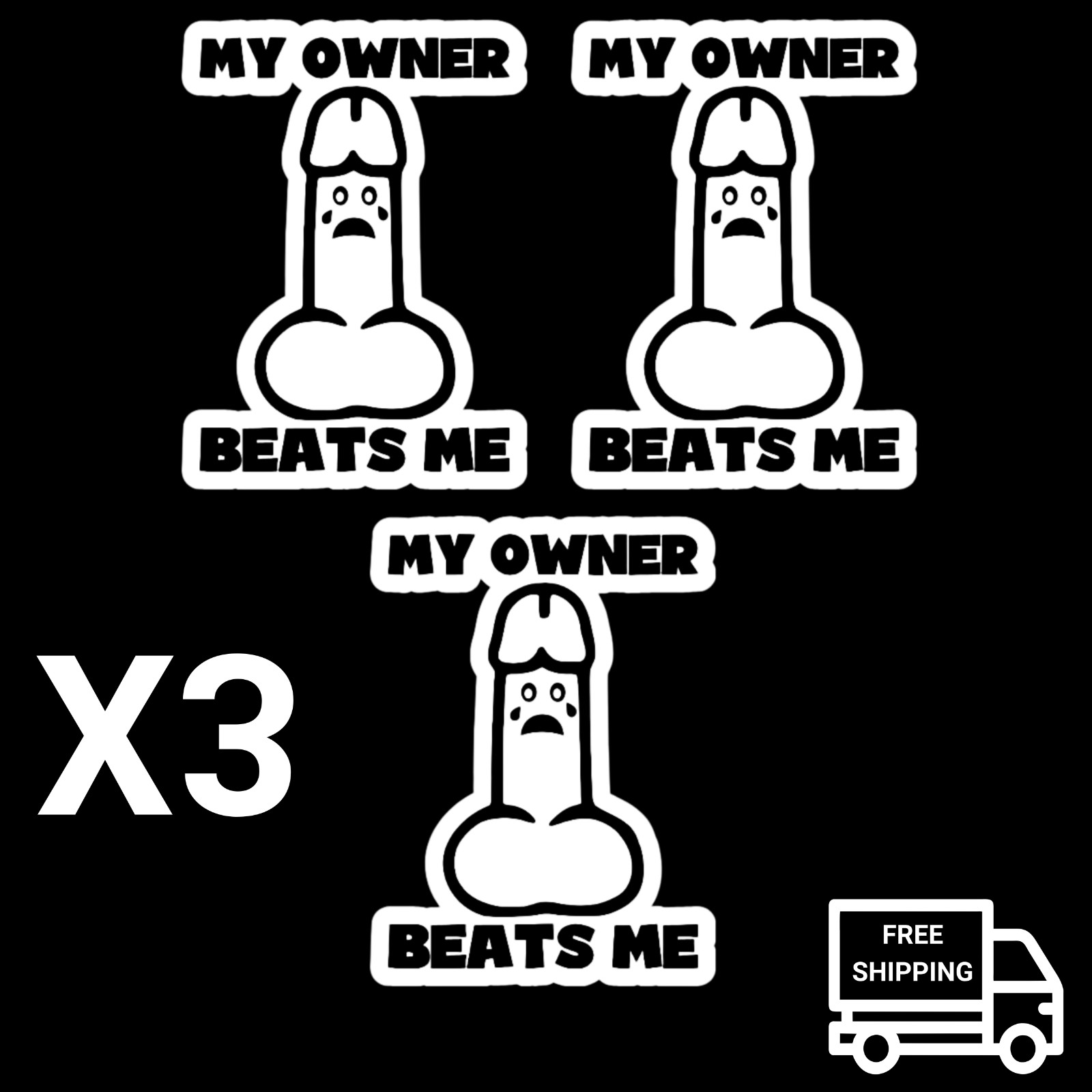 X3 My Owner Beats Me Funny Die Cut Vinyl Sticker 3PK 3″ x 4″