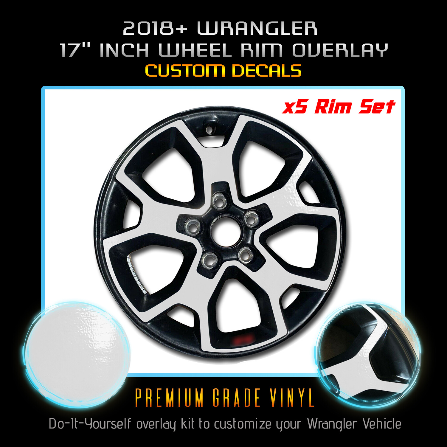 For 2018-2020 Wrangler JL JLU JK Rubicon Vinyl Wheel Rim Overlay x5 Glossy Matte