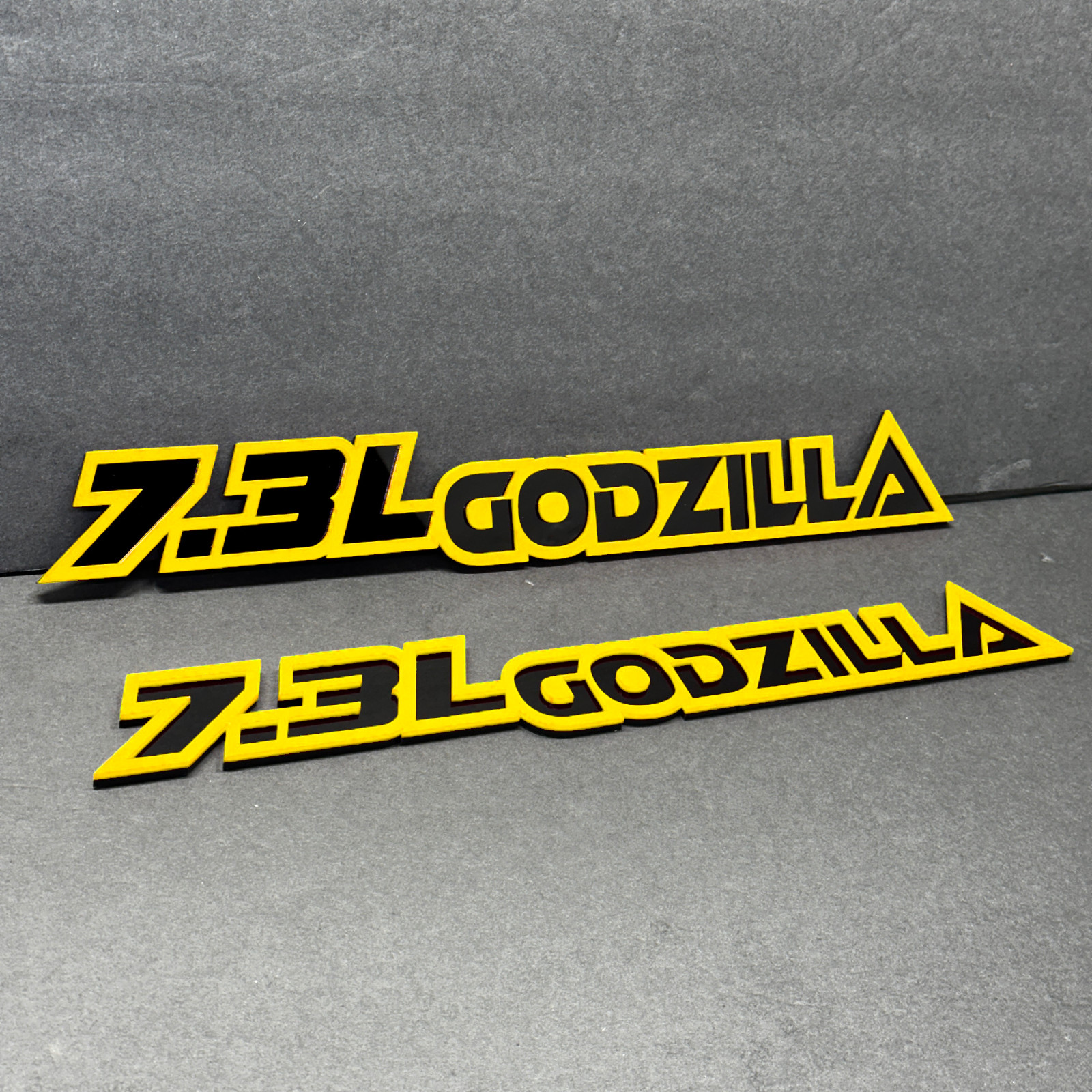 Godzilla Badges Emblem RACING 7.3 Yellow/Black, 2 BADGES, Angry Fender 7.3L