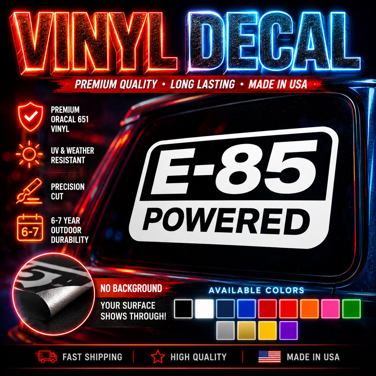 E-85 Powered Text Vinyl Decal | Racing Car Window Decal | Performance
