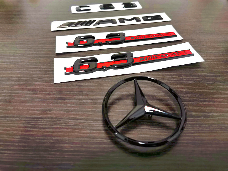 Gloss Black Red C63 AMG and Rear Star Side 6.3 AMG Emblem Badge For W204 507
