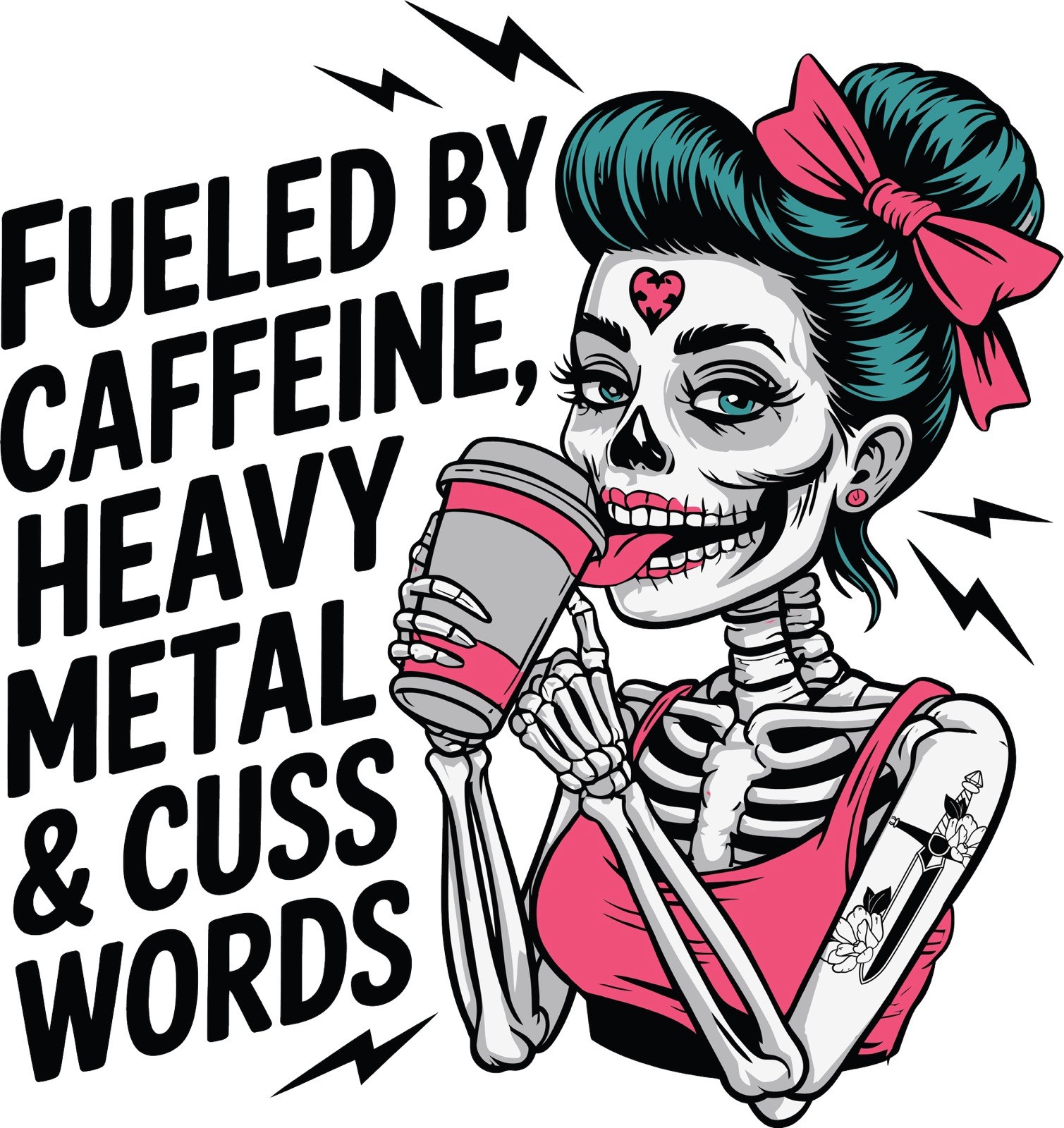 Rocker Skeleton Sticker (3 Inch) Fueled By Caffeine Heavy Metal Cuss Words !